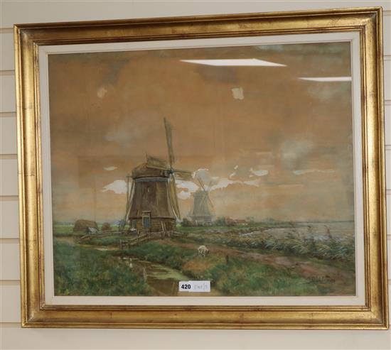 Johan Coenrad Ukrich Legner (Dutch 1859-1932), watercolour on paper, Landscape with windmills, 57 x 71cm